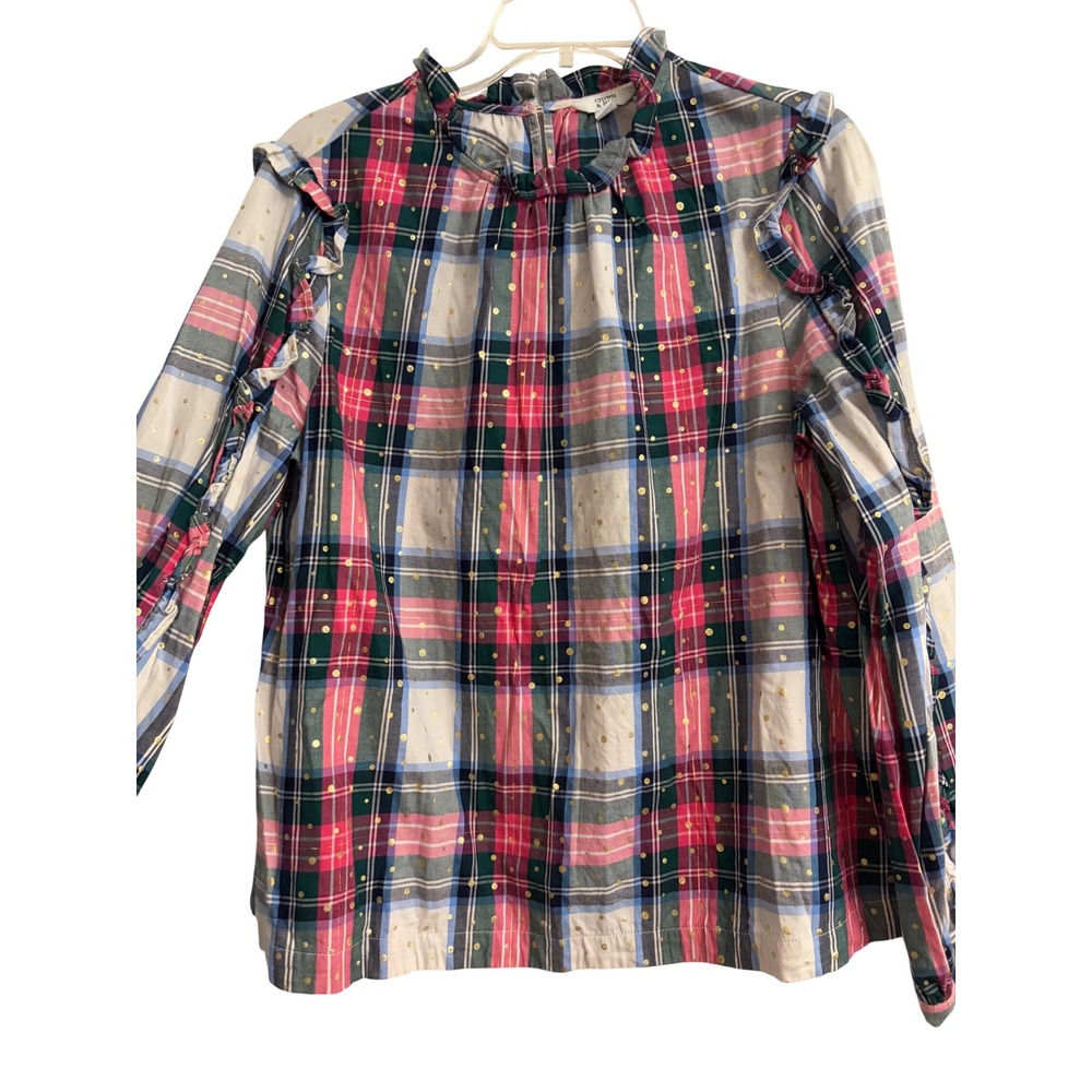 Crown & Ivy Plaid Ruffle Blouse Med Pink Green Plaid Holiday, Festive, Gold